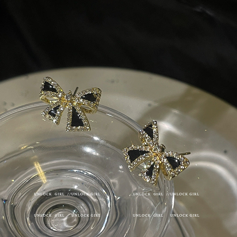 Black Bow Rhinestones Earrings