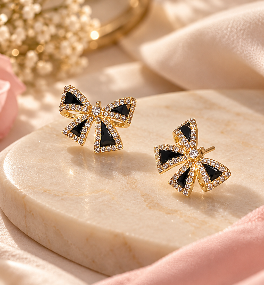Black Bow Rhinestones Earrings